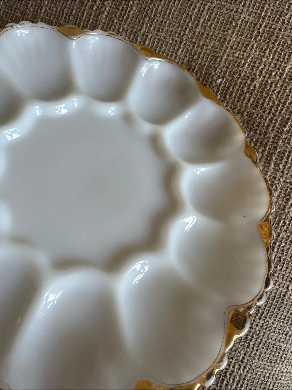 White Glass Egg Platter with Gold Trim - Elegant Serving Dish